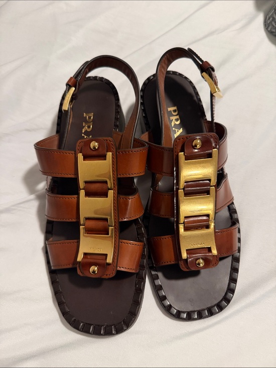 Prada Shoes - Prada Tan Leather Sandals with Gold-Tone Buckle Accents